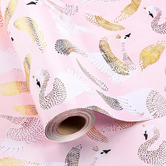 Valentine's Day Wrapping Paper, Pink Wrapping Paper, 17 Inches X 33 Feet, Mini Roll Gift wrap Gold Foil Swans, Bridal Shower Wedding Wrapping Paper for Girl Woman Birthday Baby Shower Anniversary