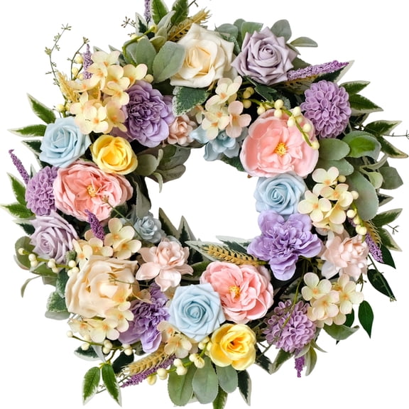 Idyllic 22" Spring Summer Wreath for Front Door, Purple Blue Rose Hydrangea & Lavender