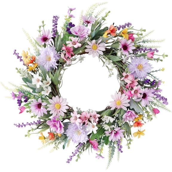 20 Inches Spring Wreaths for Front Door Wildflowers Wreath Artificial Silk Wreath With Daisy Lavender for Window Indoors Outdoor Decor