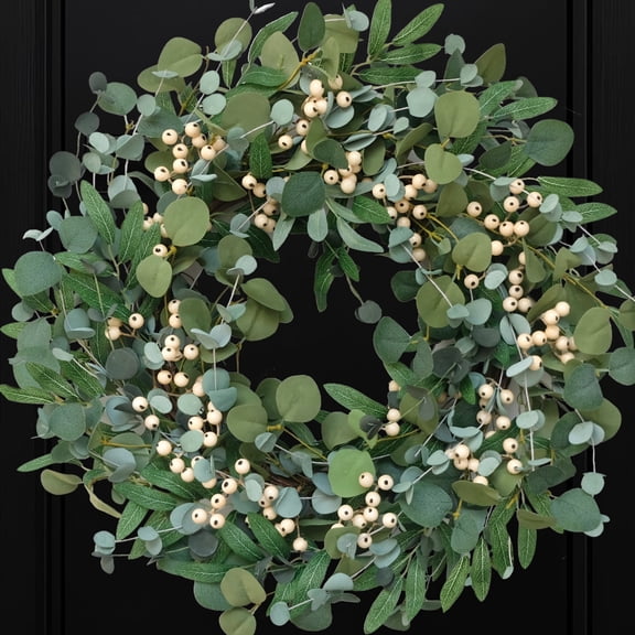 20 inch Artificial Eucalyptus Wreath Green Leaves Wreath White Berry Big Berries Wreath for Front Door All Seasons Wreath Year Round Decor Home Decor