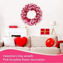 Valentine's Day Wreath 22 Inch Valentines Day Wreaths for Front Door Pink Floral Wreath with Red Love Heart Shaped Berries Pink Forsythia Flowers for Valentine Anniversary Wedding Holiday Decorations