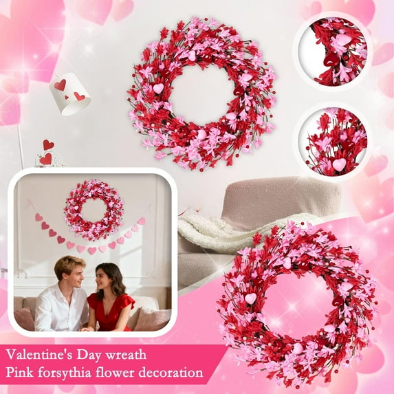 Valentine's Day Wreath 22 Inch Valentines Day Wreaths for Front Door Valentine Door Wreath with Red Berries Pink Forsythia Flowers Red Tulip for Wedding Decor Candlelight Dinner Anniversary