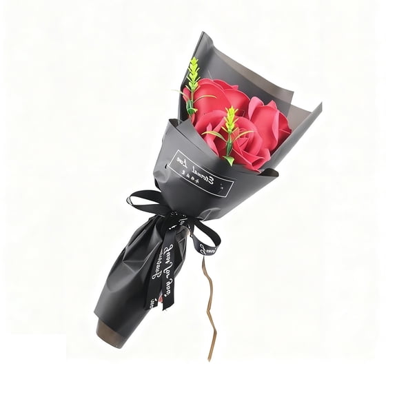 Valentine's Day Wreath,3 Heads Red Artificial Rose Bouquet,Flower Petals Valentine Day Gifts for Women,Artificial Flowers for Gifts Anniversary Wedding Candlelight Dinner Wedding,Party Decor(Red)
