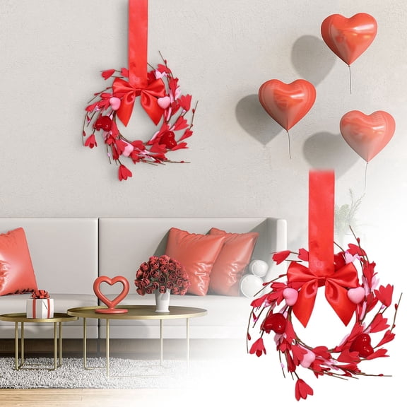 Valentine’s Day Wreath for Cabinet & Front Door, Heart Wreath with Artificial Hearts & Berries, Bow Hanging Door Decoration for Wedding Window Home Wall Indoor Decor