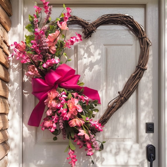 Valentine's Day Wreath Decor - 17.7 Inch Artificial Pink Heart Shaped Door Hanging with Bow, Valentines Wreaths for Front Door,Romantic Decoration for Wall, Mantel & Home Decor