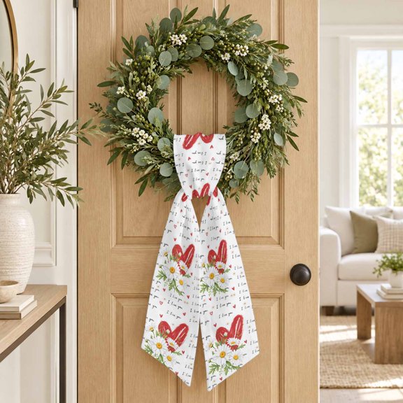 Valentine's Day Wreath Sash, Country White Daisies Red Heart Script Decorative Ribbon Wreath Sash for Front Door, Porch Indoor Holiday Decor