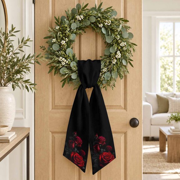 Valentine's Day Wreath Sash, Romantic Red Rose Flower Dramatic Goth Dark Decorative Ribbon Wreath Sash for Front Door, Porch Indoor Holiday Decor