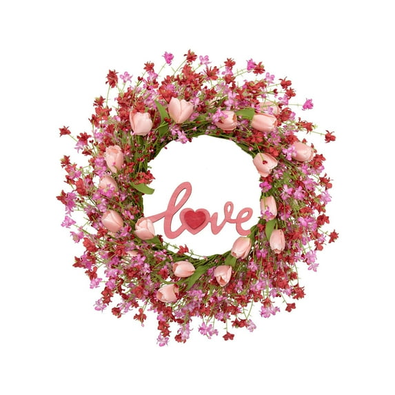 Valentine's Day Wreath Valentines Day Wreaths for Front Door, Romantic Pink & Red Heart Berry Forsythia Flowers for Wedding Anniversary Holiday Decorations,C