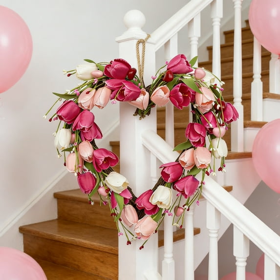 Valentine's Day Wreath, Valentines Day Wreaths for Front Door, Valentine Day Wreath with Red Berries and Pink Love Heart Forsythia Flowers, Great for Wedding and Holiday Decorations,A