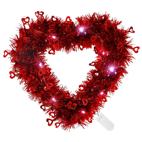 Valentine's Day Wreath for Front Door, Tinsel Heart Shaped Wreath Hanging Wall Decorations - 12 Inches, Valentines Outdoor Décor,White Light