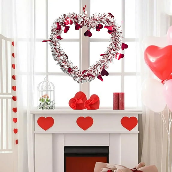 Valentine's Day Wreath for Front Door, Tinsel Heart Shaped Wreath Hanging Wall Decorations Valentines Indoor Outdoor Decor