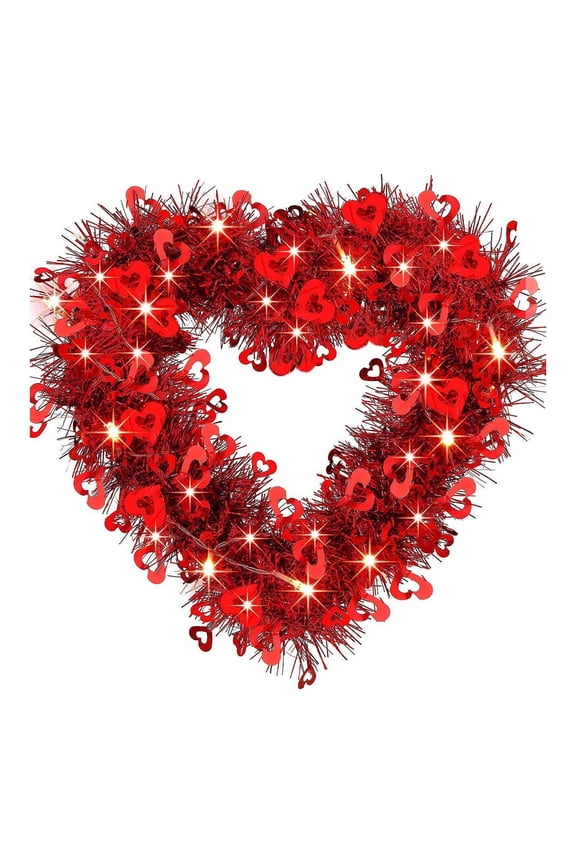 Valentine's Day Wreath for Front Door, Tinsel Heart Shaped Wreath Hanging Wall Decorations - Valentines Outdoor Decor