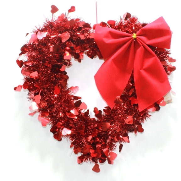 Valentine's Day Wreaths for Front Door, Heart Shaped Wreath Red Tinsel Wreaths with Foil Heart Love Garland Wall Hanging for Valentine Wedding Party Decoration