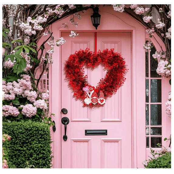 Valentine s Day Wreaths with Lighted- 12.99'' Heart Wreaths for Front Door Valentines Decorations Heart Shaped Tinsel Wreath for Wedding Proposal Engagement Party (Xoxo Dwarf Heart Wreath)