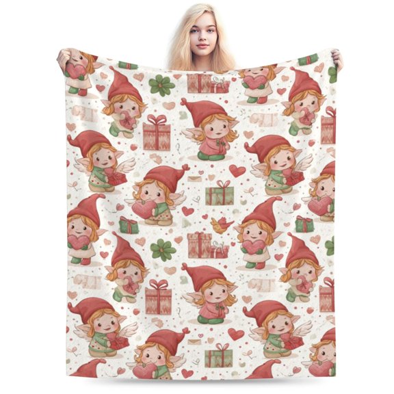 Valentine's Day elves holding hearts Flannel Fleece Throw Blanket, Cozy Soft Anti-Pilling Fuzzy Blanket for Couch Bed Camping Travel, Lightweight Warm All-Season Throw for Kids Adults