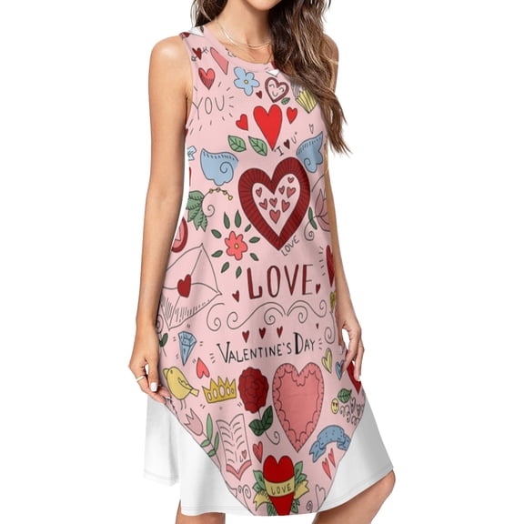 Valentine’s Day heart love Spring Summer Dresses for Women Fashion T-shirt Dress Casual Sleeveless Loose Sundress with Pockets