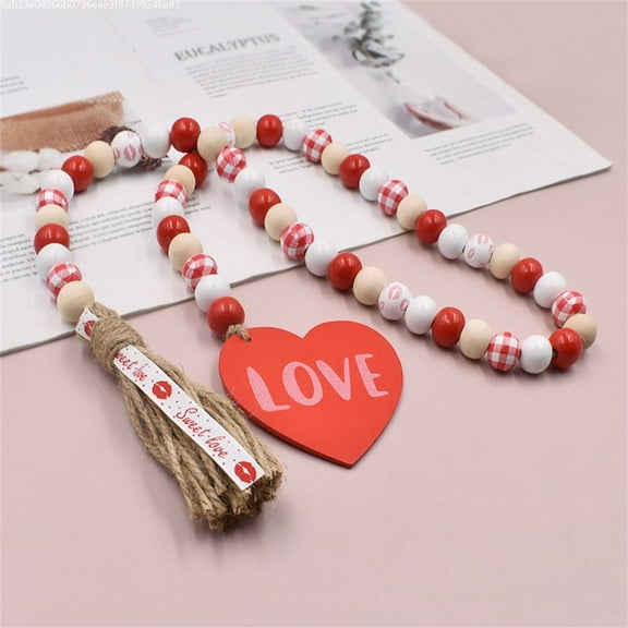 Valentines Day Wood Bead Garland with Tassels,Rustic Wooden Beads Garland Hanging Wooden Love Heart Ornaments Tiered Tray Decorations Wall Hanging Decor