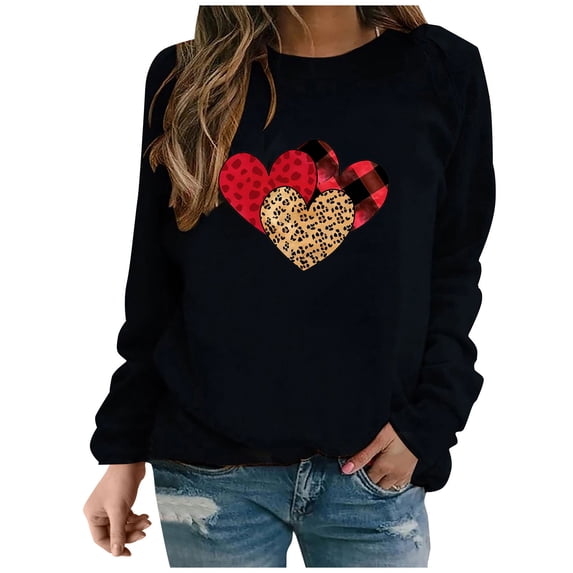 Valentine's Day!ibuvkizy Womens Sweatshirt Casual Printed Long Sleeved Round Neck Top/shirt Black,XL