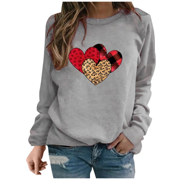 Valentine's Day ibuvkizy Womens Sweatshirt Casual Printed Long Sleeved Round Neck Top/shirt Gray,S