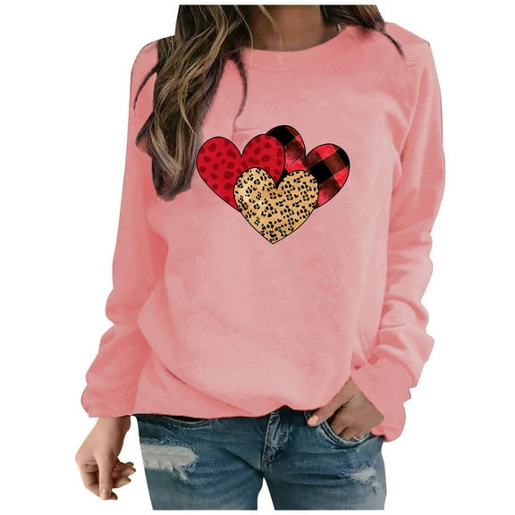 Valentine's Day!ibuvkizy Womens Sweatshirt Casual Printed Long Sleeved Round Neck Top/shirt Pink,S