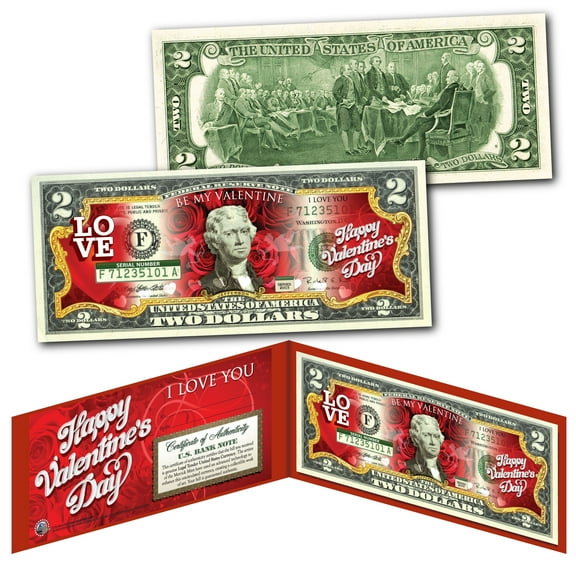 Valentine's Day themed Red Roses Collectible $2 Bill in Hard Red Display Folio