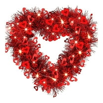 Valentine’s Decor Red Heart Tinsel Wreath with Lights,11.8" Light-Up Garland Romantic Hanging Ornament Decor for Home Door Valentine’s Day