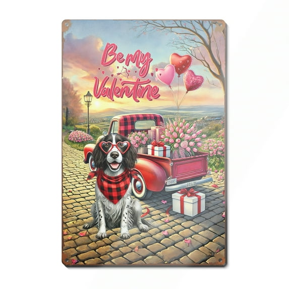 Be My Valentine's English Springer Spaniel Truck Full of Love Flower Balloon Vertical Metal Aluminum Sign Springers Dog Lover Gifts Wall Art Home Decor - 02029