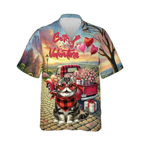 Be My Valentine's Exotic Shorthair Truck Full of Love Flower Balloon Hawaiian Shirt Breathable Summer Unisex Merch Cat Lover Kitten Owner Gifts - 02029