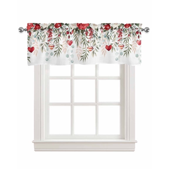 Valentine's Floral White Linen Curtain Valance for Bedroom/Bathroom/Kitchen/Office/Living/Dining Room Windows, Romance Rose Flower Leaves Rod Pocket Topper Decorative Cafe Drapes Panel 60"x18"