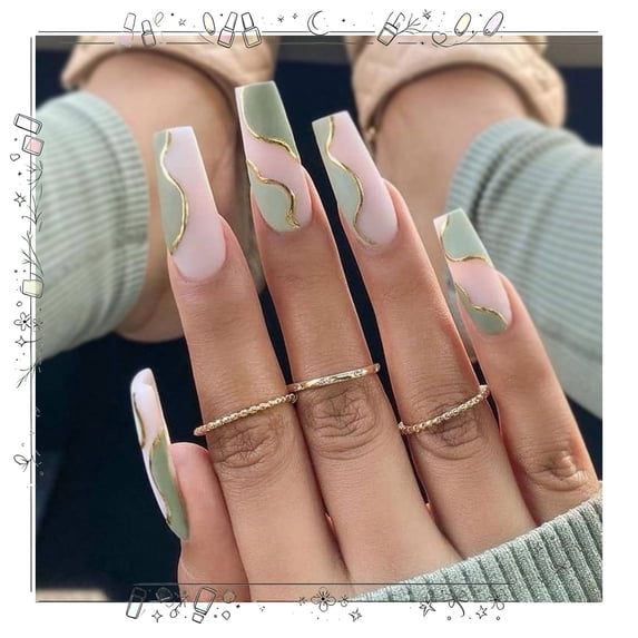Valentine's French Tip Press on Nails,Green Long Coffin Fake Nails with Water Ripple Designs,Acrylic False Nails Artificial Glossy Full Cover Glue on Nails for Women Nails 24 Pcs Easy Apply