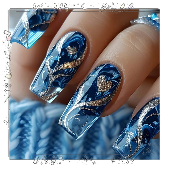 Valentine's French Tip Press on Nails,Medium Long Square Fake Nails with Water Ripple Designs,Acrylic False Nails Artificial Glossy Full Cover Glue on Nails for Women Nails 24 Pcs Easy Apply