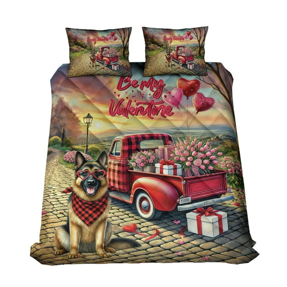 Be My Valentine's German Shepherd Truck Full of Love Flower Balloon Quilt Bedding Set Alsatian Dog Lover Gifts 1 Blanket Bed Cover 2 Pillowcases - 02029