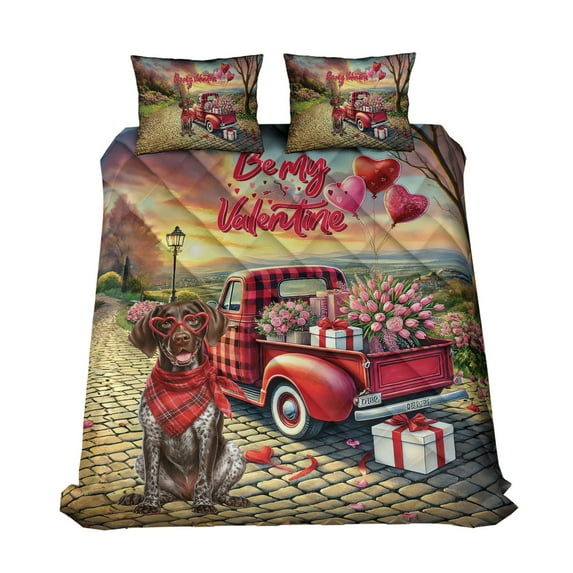 Be My Valentine's German Shorthaired Pointer Truck Full of Love Flower Balloon Quilt Bedding Set GSP Lover Dog Gift 1 Blanket Bed Cover 2 Pillowcases - 02029