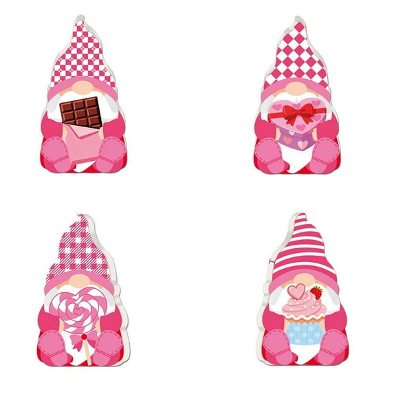 Valentine's Gnome Figurines, 4pcs Faceless Wooden Board Decor, Holiday Shelf Sitters for Romantic Vignettes, 3"x5.3"