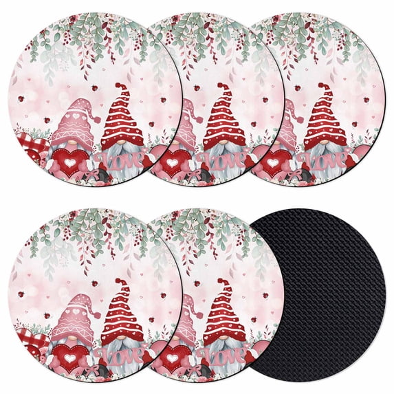 Valentine's Gnomes Coasters Set of 6, Absorbent Coasters for Drinks, Weeping Eucalyptus Pink Red Love Heart Coaster for Desk Coffee Table Protection, Home Decor House Warming Gifts 4"