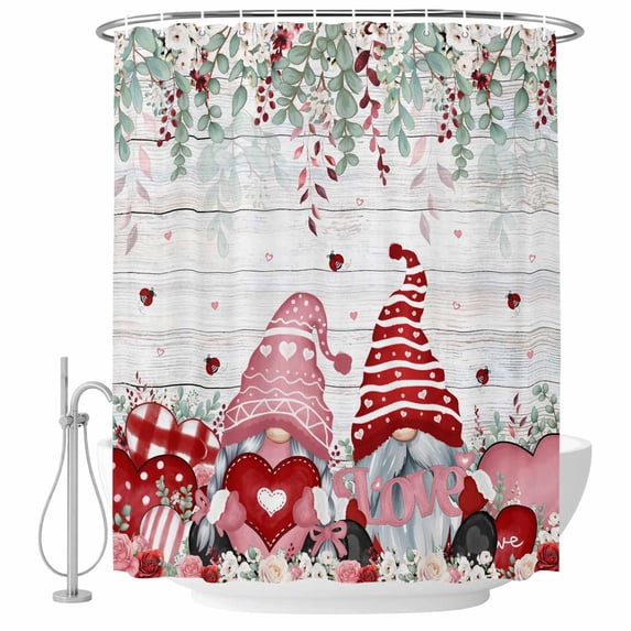 Valentine's Gnomes Shower Curtain, Waterproof Shower Curtains for Bathroom, Weeping Eucalyptus Pink Red Love Heart Vintage Washable Fabric Bathtub Curtain Set Bath Decor with 12 Hooks 72"x78"