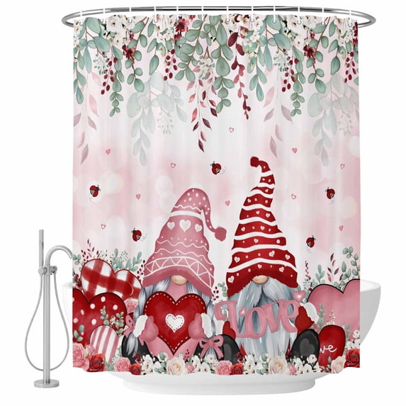 Valentine's Gnomes Shower Curtain, Waterproof Shower Curtains for Bathroom, Weeping Eucalyptus Pink Red Love Heart Washable Fabric Bathtub Curtain Set Bath Decor with 12 Hooks Extra Long 72"x96"