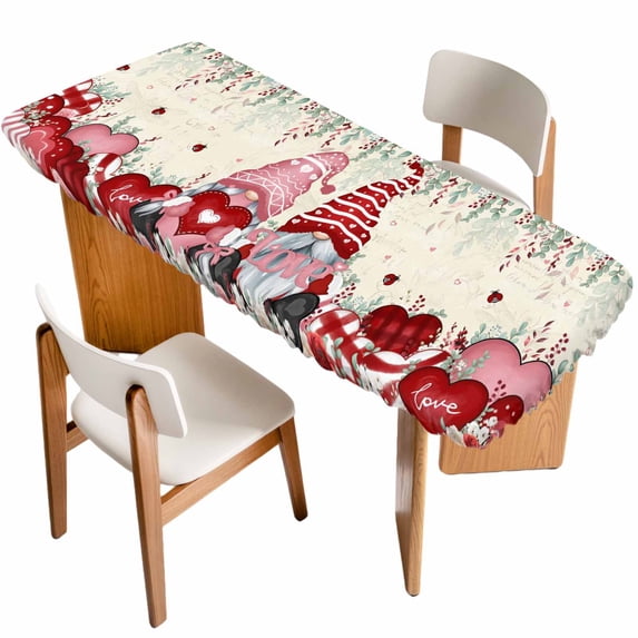 Valentine's Gnomes Table Cloths for 8 Foot Rectangle Tables, Weeping Eucalyptus Pink Red Love Heart Rustic Patio Waterproof Elastic Fitted Tablecloths, Washable Rectangular Table Cover for Camping