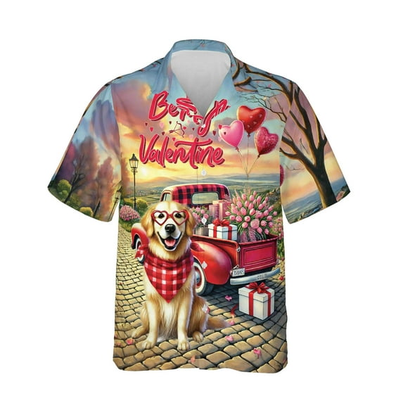 Be My Valentine's Golden Retriever Truck Full of Love Flower Balloon Hawaiian Shirt Breathable Summer Unisex Merch Goldens Dog Lover Gifts Idea - 02029