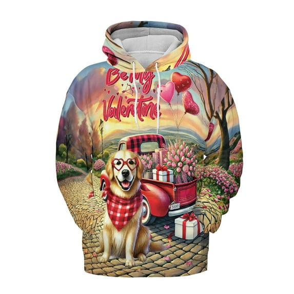 Be My Valentine's Golden Retriever Truck Full of Love Flower Balloon All Over Print 3D Hoodie Unisex Merch Hoodies Goldens Dog Lover Gifts Idea - 02029