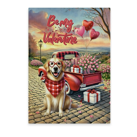 Be My Valentine's Golden Retriever Truck Full of Love Flower Balloon Vertical Matte Canvas Poster Goldens Dog Lover Gifts Idea Wall Art Home Decor - 02029