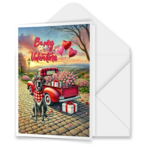 Be My Valentine's Great Dane Truck Full of Love Flower Balloon 5x7in Folded Greeting Card Danes Dog Lover Gifts Single Note Card with Envelope - 02029