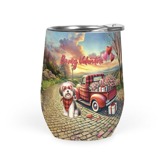 Be My Valentine's Havanese Truck Full of Love Flower Balloon 12oz Stainless Steel Wine Tumbler Insulated Cup with Lid Havanese Dog Lover Gifts Idea - 02029