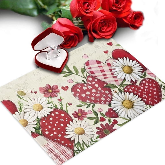 Valentine''s Heart Flowers Field Placemats Set of 4, Washable Table Mats for Kitchen Dining Table, Cotton Linen Place Mats for Indoor Outdoor Parties Holiday Decoration, Vintage Spring Daisy
