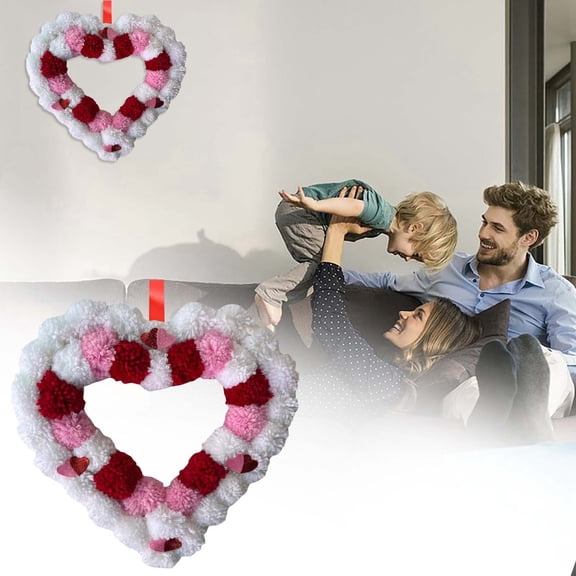 Valentine's Heart Pom Pom Wreath - 11 Inch Felt Ball Garland Wreath for Front Door Hanger, Wedding Anniversary Party Decor, Indoor Outdoor Valentine's Day Home Decoration