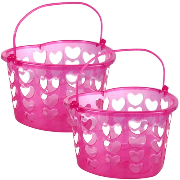 Valentine's Heart Shaped and Slotted Baskets with Handles, 6.875x8.25x5.375in Love Easter Pink Basket Plastic Bin Party Treats Supplies Container Home Kitchen Bathroom School Organizer Gift Set of 2
