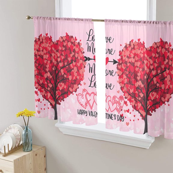 Valentine's Heart, Sheer Curtains 54 Inches Length 2 Panels Set, Window Sheer Curtains for Living Room/Bedroom, Romantic Red Sweet Tree Love Light Filtering Rod Pocket Curtain 52'' x 54'' x 2