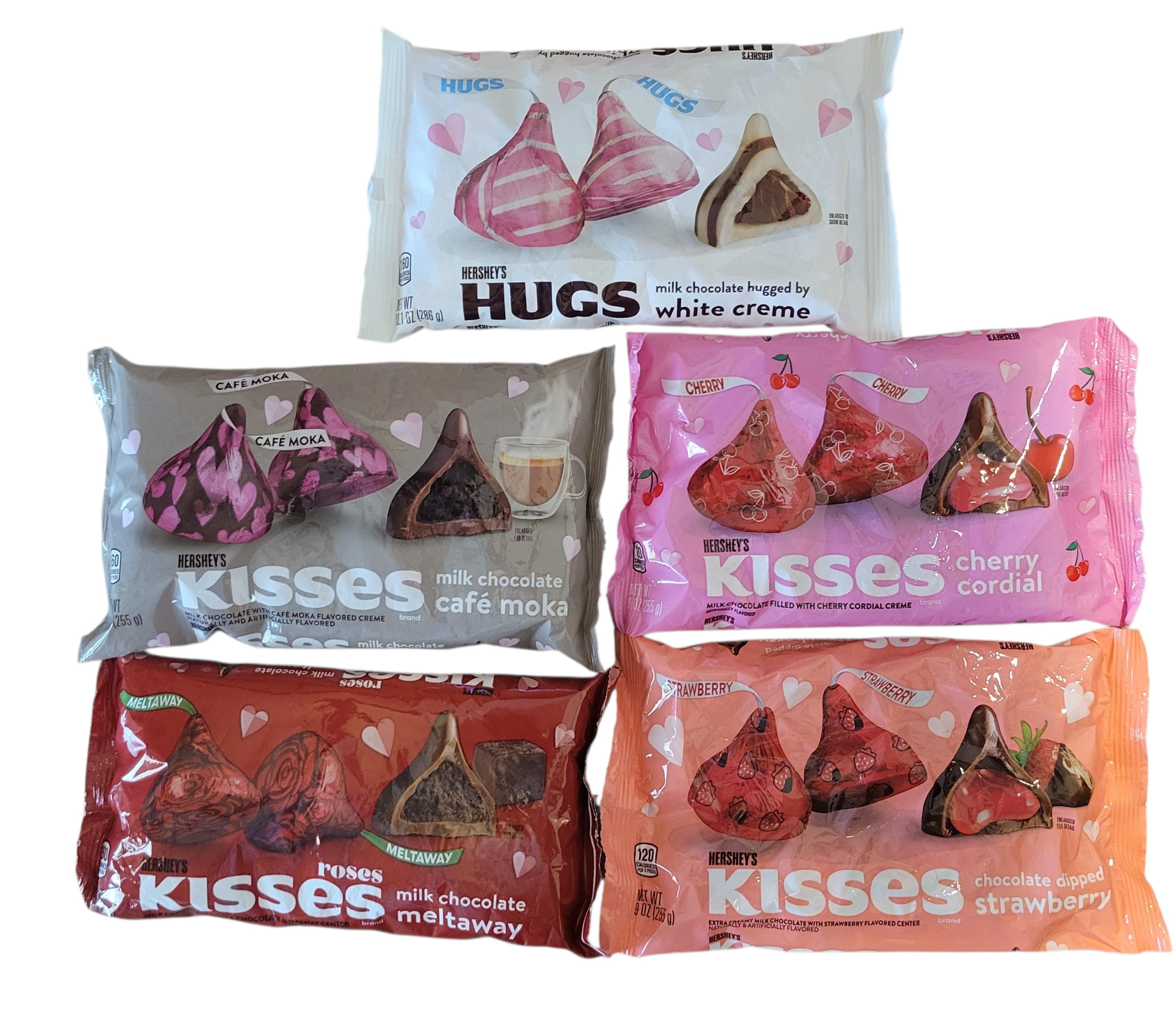 Valentine's Hershey's Kisses Multipack With 5 Unique Flavors: Café Moka (9oz), Roses Meltaway (9oz), Cherry Cordial (9oz), Chocolate Dipped Strawberry (9oz), and Hugs (10.1oz)
