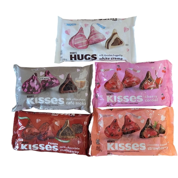 Valentine's Hershey's Kisses Multipack With 5 Unique Flavors: Caf Moka (9oz), Roses Meltaway (9oz), Cherry Cordial (9oz), Chocolate Dipped Strawberry (9oz), and Hugs (10.1oz)