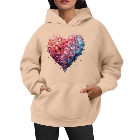 Valentine's Hoodies for Women Trendy 2026 Cute Love Heart Print Long Sleeve Casual Hooded Sweatshirts Lightweight Valentine Gift Loose Tunic Blouses